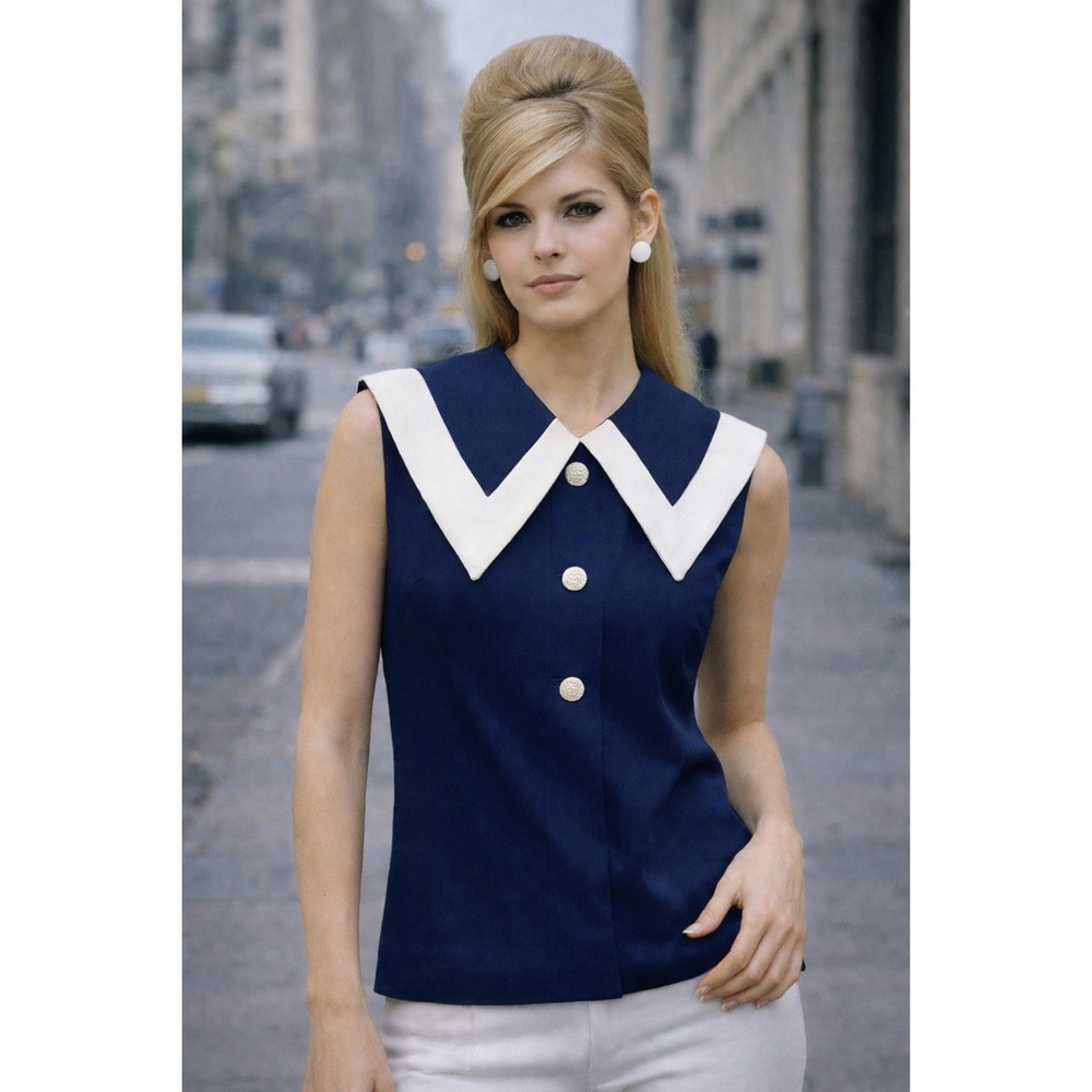Vintage Nardis of Dallas Navy Blue‎ Sailor Collar Sleeveless Top Size 12 Mod 60s